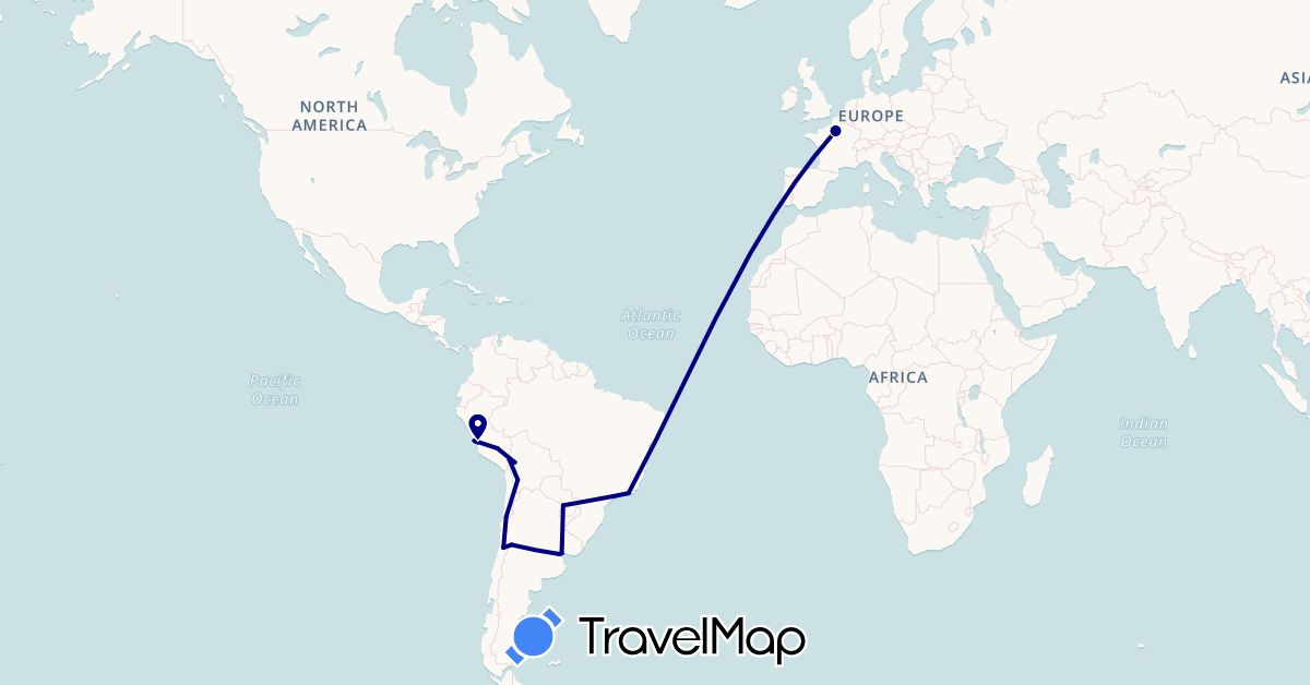 TravelMap itinerary: driving in Argentina, Bolivia, Brazil, Chile, France, Peru, Paraguay, Uruguay (Europe, South America)